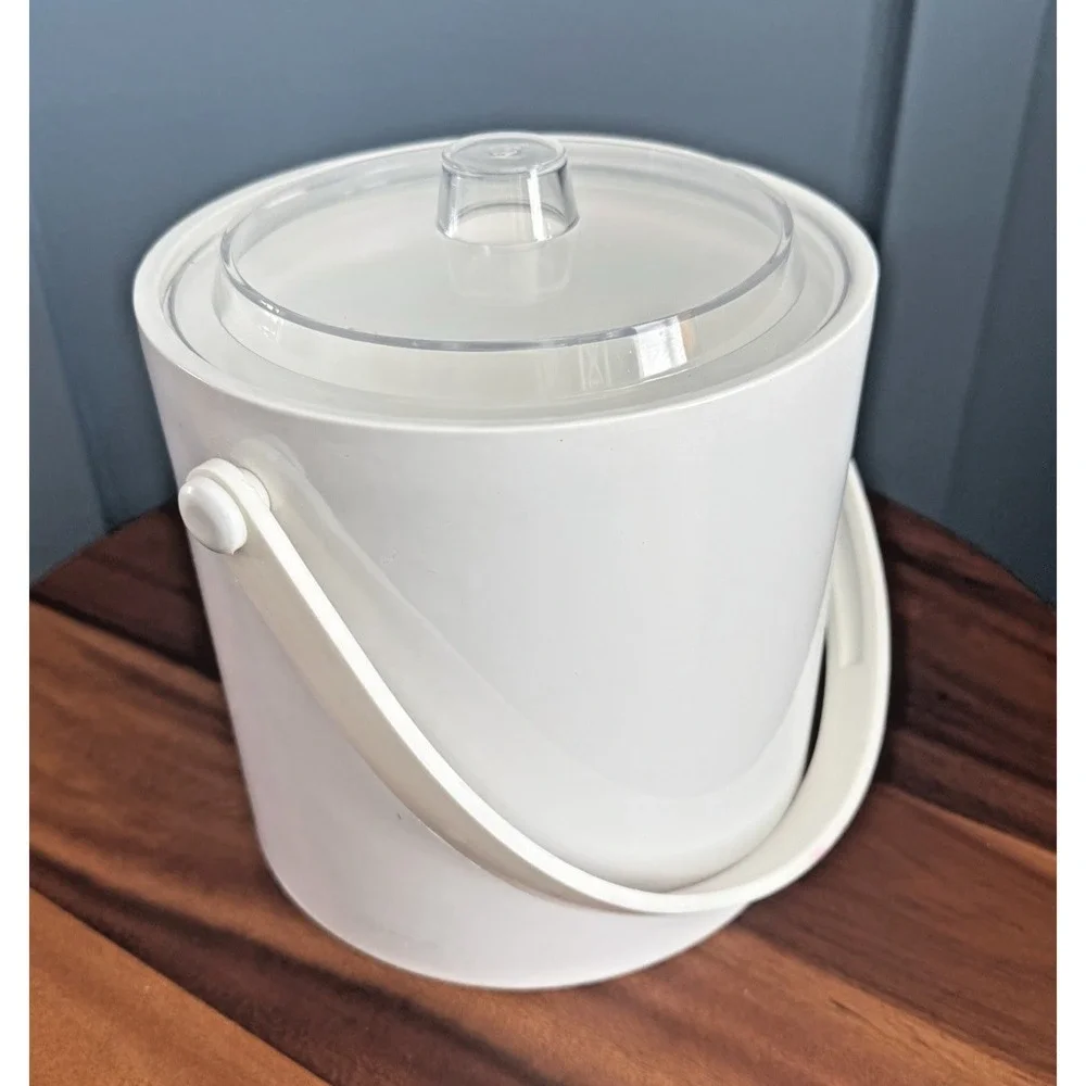 Vintage Acrylic Ice Bucket Wine Chill White Clear Lid Mid Century Modern Barware
